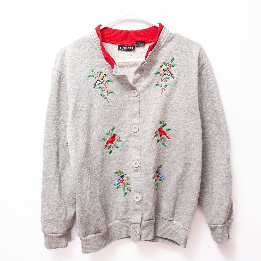 Vintage 90s Cardigan Embroidered Bird Sweater Cottagecore Folk Art Artist S